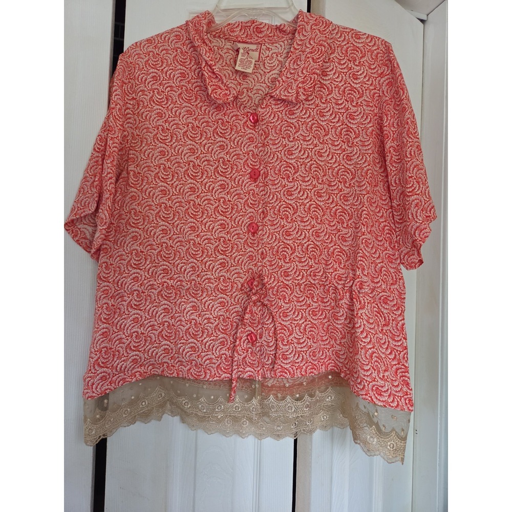 Vtg April Cornell Button Blouse Lace Cottagecore Red Tie Smock Top M